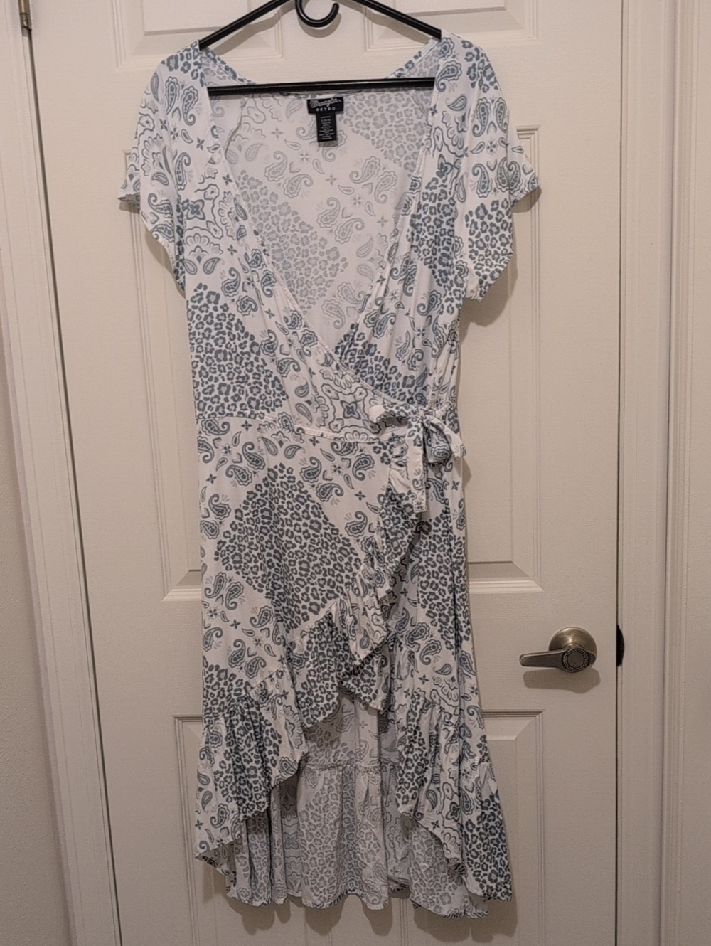 White and Blue Paisley High-Low Wrap Dress with Ruffle Hem